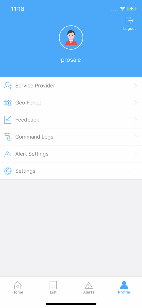 Tracksolid profile screen with settings for geo-fencing and alerts