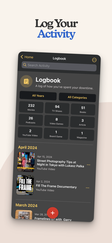 Sofa: Downtime Organizer - Sofa app logbook screen showing a summary of media activity including movies books and podcasts