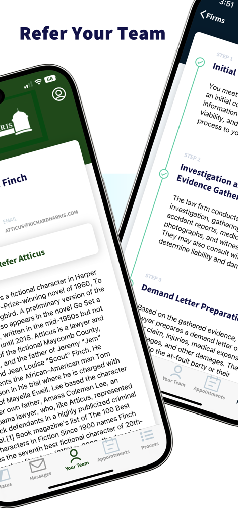 Case Status - Mobile app screens showing legal team information and a step by step case progress tracker