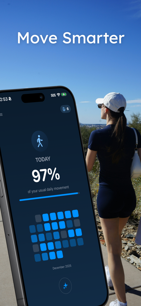 Step Counter Move App: Step AI - Step AI mobile app interface showing a 97 percent daily movement goal and a monthly progress grid.