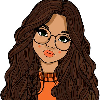 girl with long hair and freckles and glasses realistic