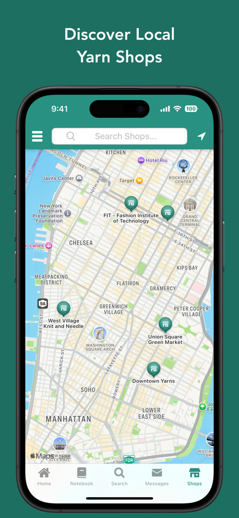 Alpaca: Your Ravelry Companion - A mobile map screen showing local yarn shops in Manhattan for knitters and crocheters using the Alpaca app