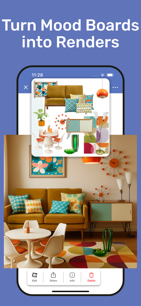 Mood Board creator - HomeBoard - 2Dの家具ムードボードがフォトリアルなインテリアレンダリングに変換される様子を示す比較