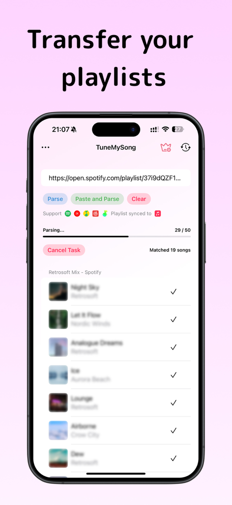 TuneMySong - Interfaz de la aplicación TuneMySong que muestra el proceso de transferencia de una lista de reproducción de Spotify a Apple Music