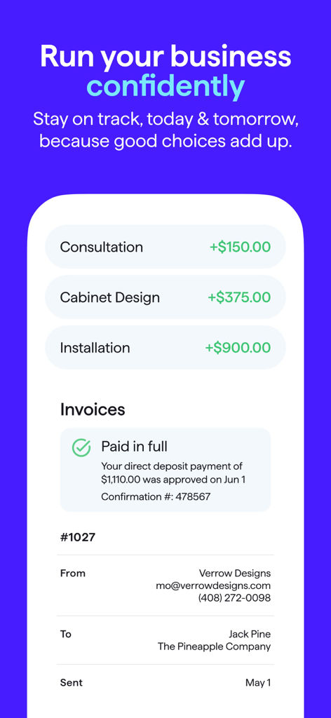 Quicken Simplifi Dashboard, das Geschäftseinnahmentransaktionen und den Status bezahlter Rechnungen für ein Designunternehmen anzeigt