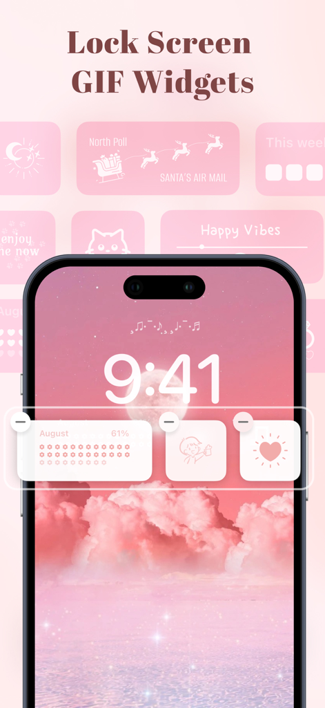 Daily Theme: Aesthetic Widgets - Una pantalla de bloqueo de iPhone que muestra widgets GIF estéticos de color rosa y un fondo de pantalla suave de nubes de la aplicación Tema Diario.