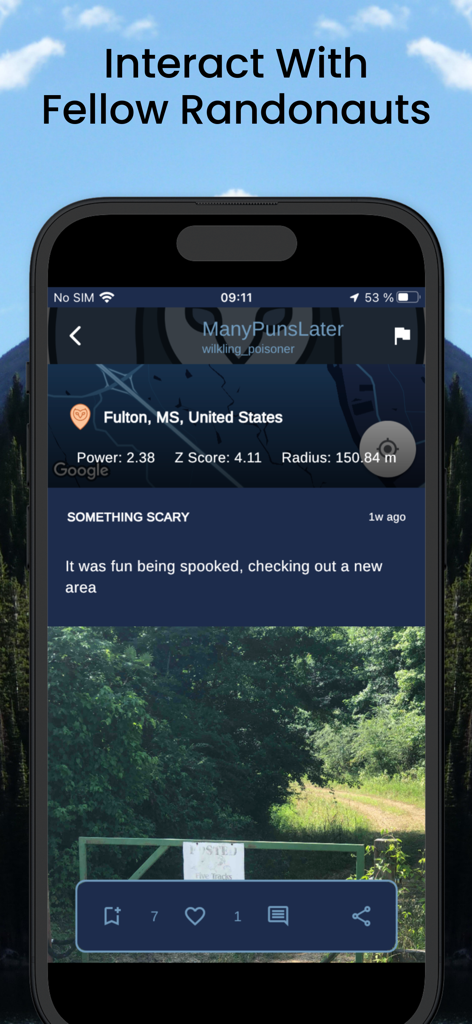 Une capture d'écran du flux Découvrir de l'application Randonautica montrant une publication d'un utilisateur sur une trouvaille effrayante à Fulton, Mississippi.