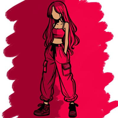 girl in baggy pants crop top and long hair
