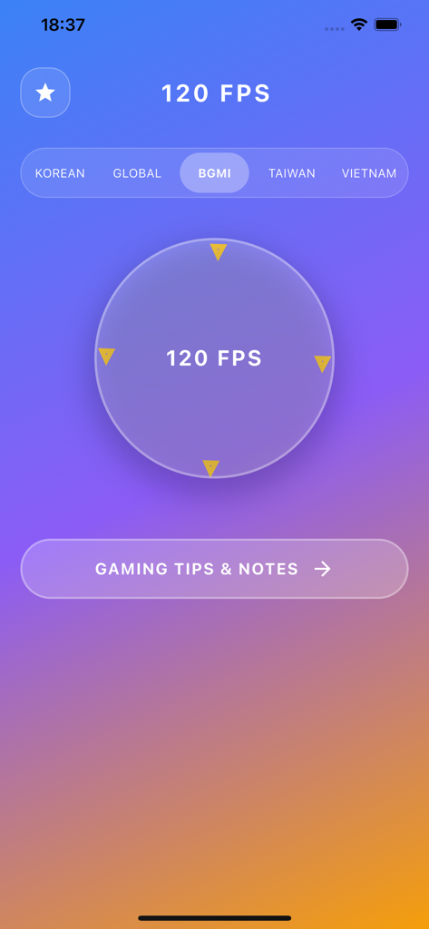 90 FPS + 120 FPS - App interface showing 120 FPS settings for BGMI and a gaming tips and notes button
