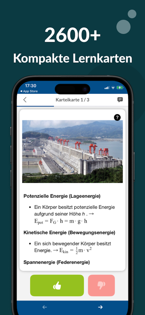 Industriemeister-Prüfungsvorbereitungs-App zeigt eine Karteikarte mit Physikformeln und einem Dammbild.