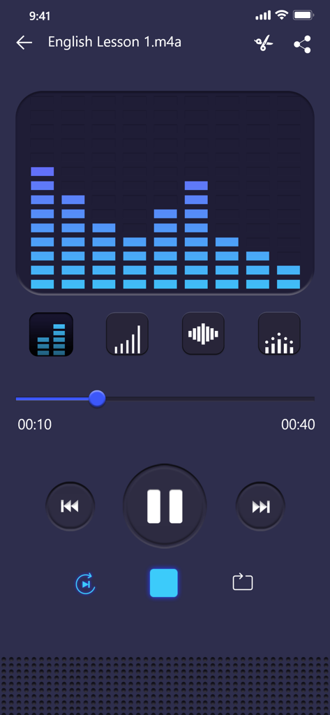 Voice recorder: Audio editor - Voice recorder app playback interface with a blue bar-chart audio visualizer