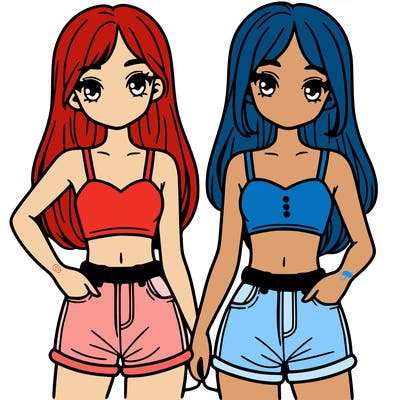two sisters with crop tops and jean shorts and straight hair