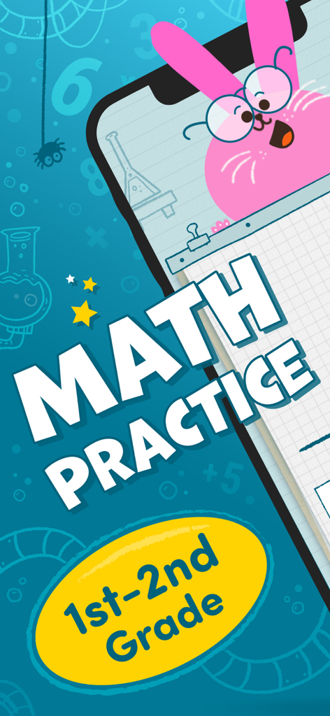 Multiplication facts Kids game - Math practice app screen for first and second grade students featuring a friendly cartoon rabbit