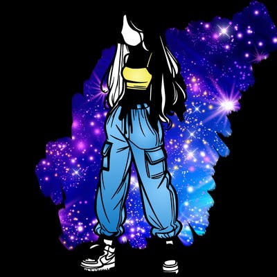 girl in baggy pants crop top and long hair