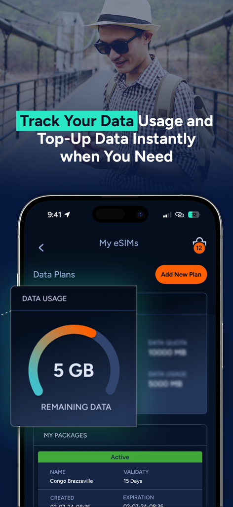 WowoSim - WowoSim app interface showing remaining travel data and active eSIM plans.