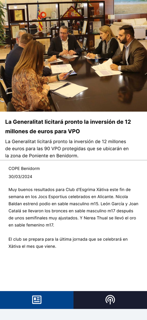 COPE Benidorm | Calpe - Interfaz de noticias locales de la aplicación COPE Benidorm que muestra una reunión del gobierno regional y actualizaciones deportivas.