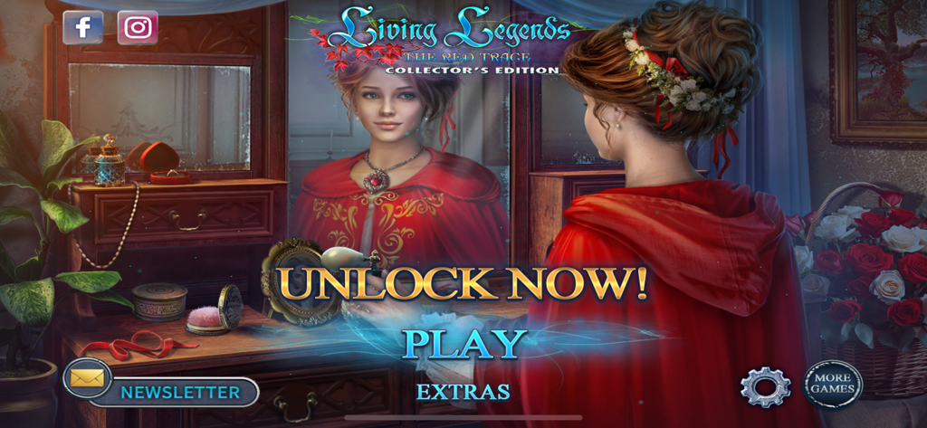 Living Legends: The Red Trace - Main menu screen of Living Legends The Red Trace showing a woman in a red cloak looking into a vanity mirror