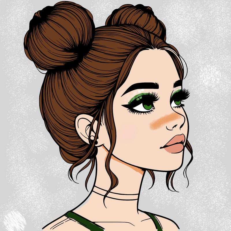 realistic girl with buns on the top of her head