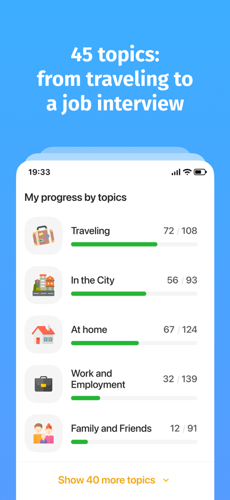 Bright - English for beginners - Uma captura de tela do app Bright mostrando o acompanhamento do progresso para vários tópicos de vocabulário em inglês, como viagens e trabalho