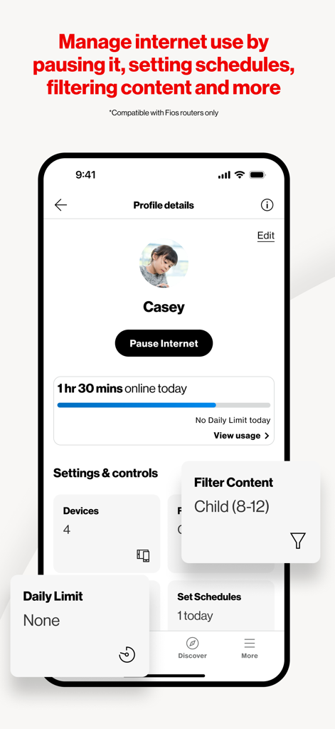 Uma captura de tela do aplicativo Verizon Home mostrando recursos de controle parental, incluindo pausa da Internet e filtragem de conteúdo para um perfil infantil