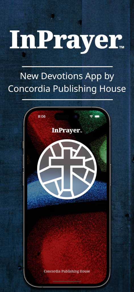 InPrayer by CPH - InPrayer app by Concordia Publishing House showing the splash screen with a white cross logo on a smartphone