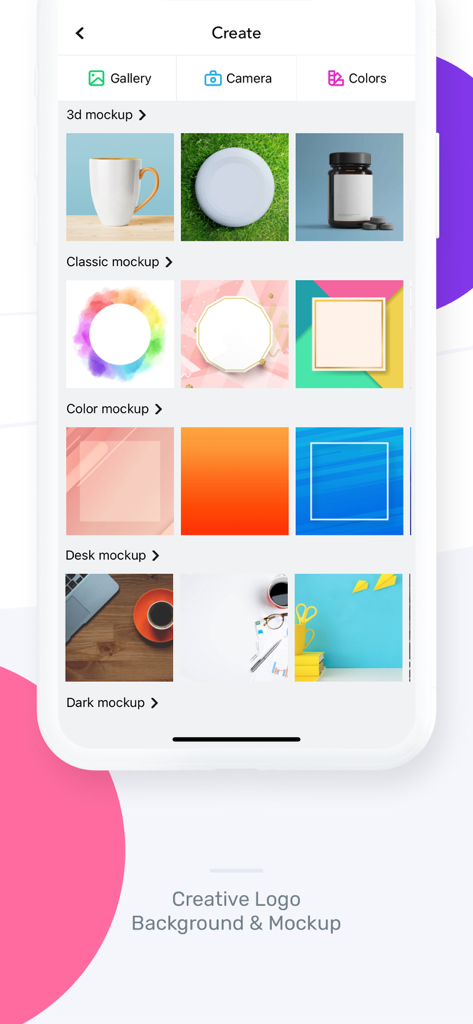 Logo Maker - Logo Templates - ブランドアイデンティティ作成用のクリエイティブなロゴ背景と3Dモックアップのライブラリを表示するモバイルインターフェース。