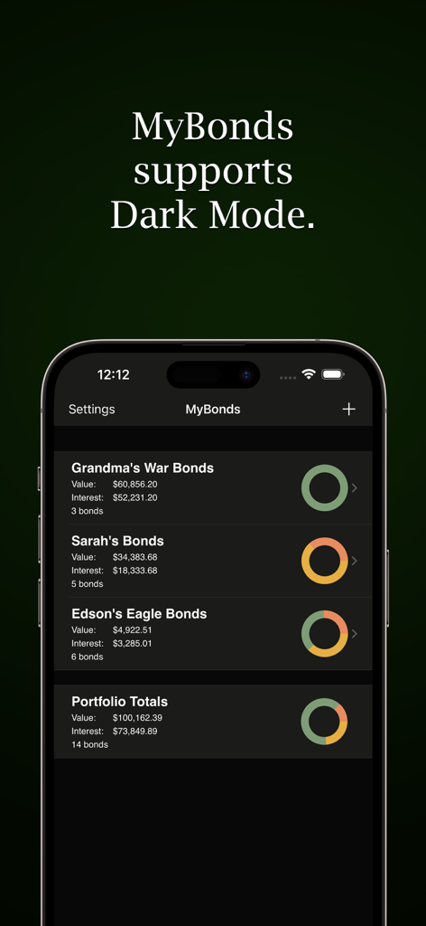 MyBonds app displaying several savings bond portfolios in dark mode.