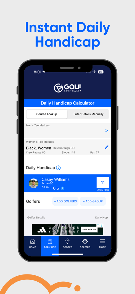 Golf Australia app interface showing the Daily Handicap Calculator screen with user profile information.