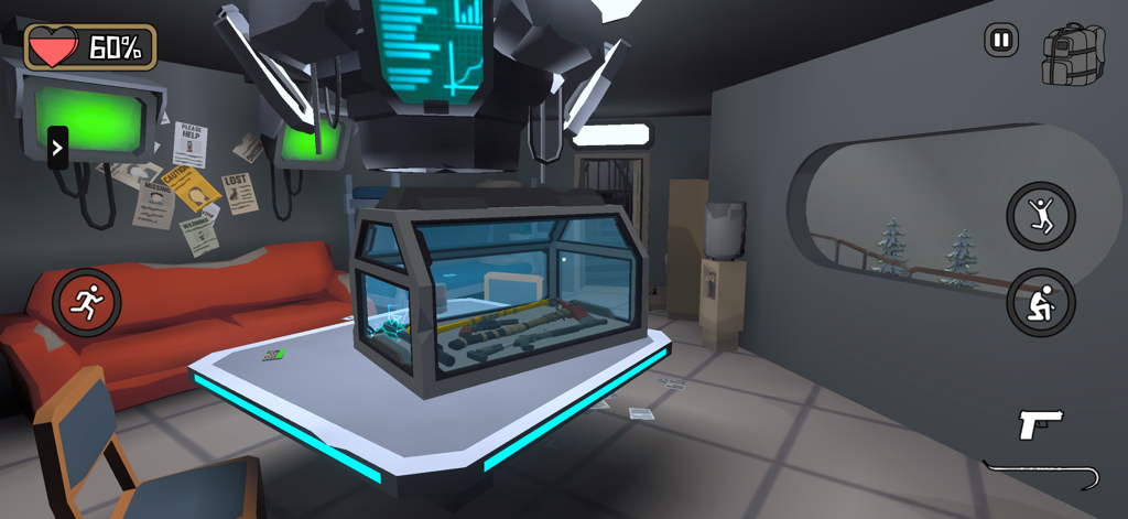 Bunker 24: Survival Story Game - Gameplay screenshot of Bunker 24 showing a high tech laboratory with a weapon display case and survival UI