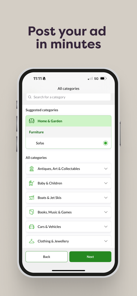 Interfaz de la aplicación Gumtree que muestra la pantalla de selección de categorías para publicar un nuevo anuncio.