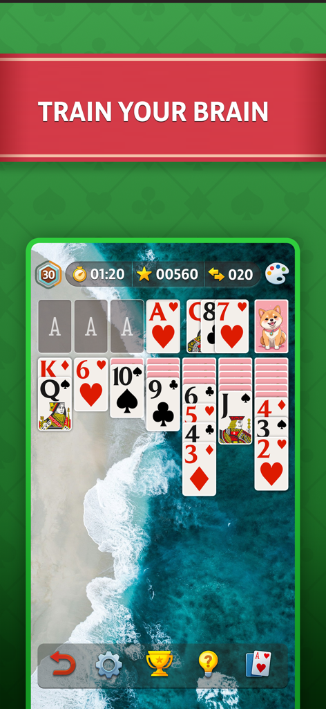 Solitaire - Classic Card Game⁎ - 열대 해변 배경의 클론다이크 솔리테어 카드 게임 인터페이스