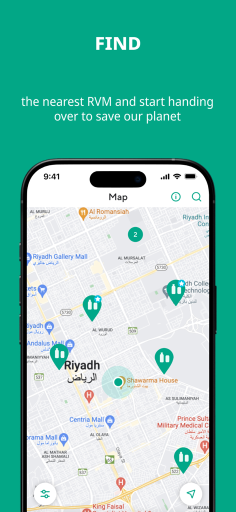 EcoRewards Saudi - Mappa dell'app EcoRewards Arabia che mostra le posizioni delle macchine per il riciclo di plastica e lattine a Riyadh.