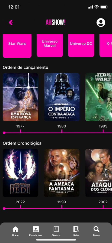 AhShow! - Interface do aplicativo móvel AhShow! mostrando linhas do tempo de franquias de filmes e ordens de visualização cronológicas.