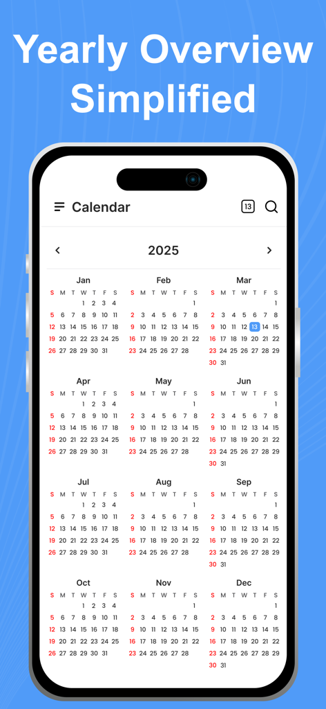 Week Calendar - Event Manager - Yearly calendar view for 2025 in the Week Calendar app