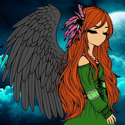 realistic girl with bird wings and some feathers in her hair