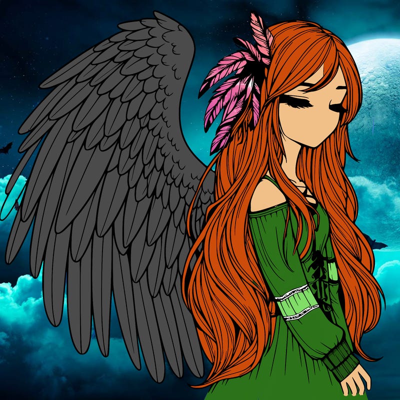 realistic girl with bird wings and some feathers in her hair
