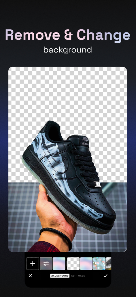 A smartphone screen showing the Filterloop app background removal tool with a sneaker image