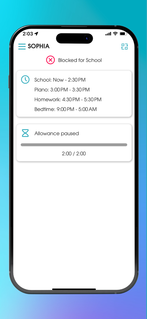OurPact Jr. - OurPact Jr. app screenshot showing a daily activity schedule and school block status on an iPhone
