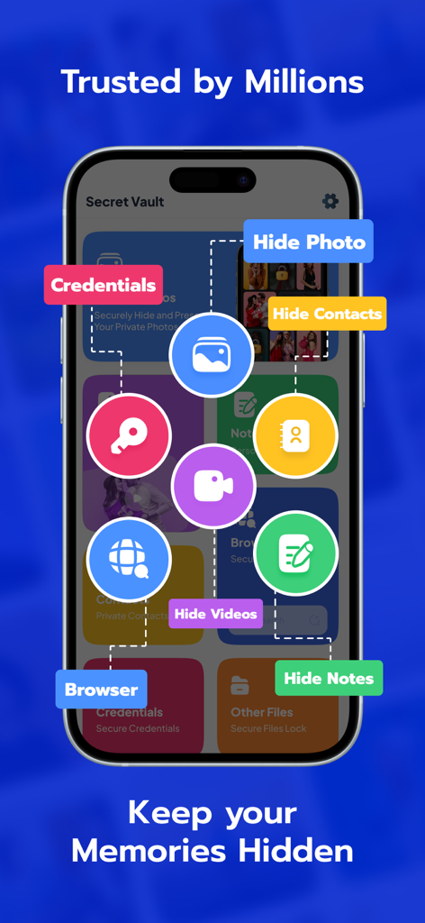 Un smartphone mostrando la interfaz de la aplicación Photo Vault SafeCalc con funciones para ocultar fotos, videos y notas.