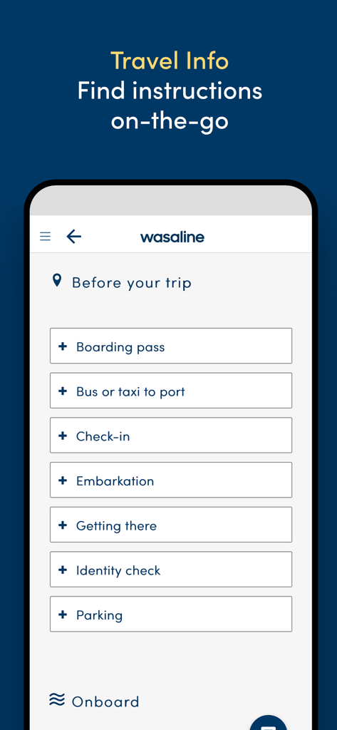 Wasaline app showing travel information and pre-trip menu options