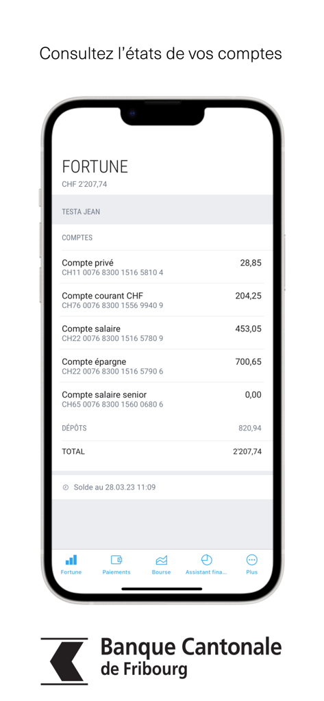 BCF Mobile Banking - BCF Mobile Banking app screenshot showing the Fortune section with various account balances and total assets in Swiss Francs