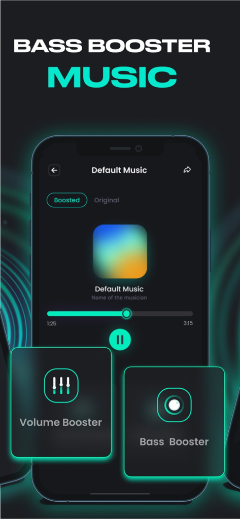 Super Volume Booster: Louder - iPhone screen displaying the Super Volume Booster app music player interface with bass booster and volume booster controls