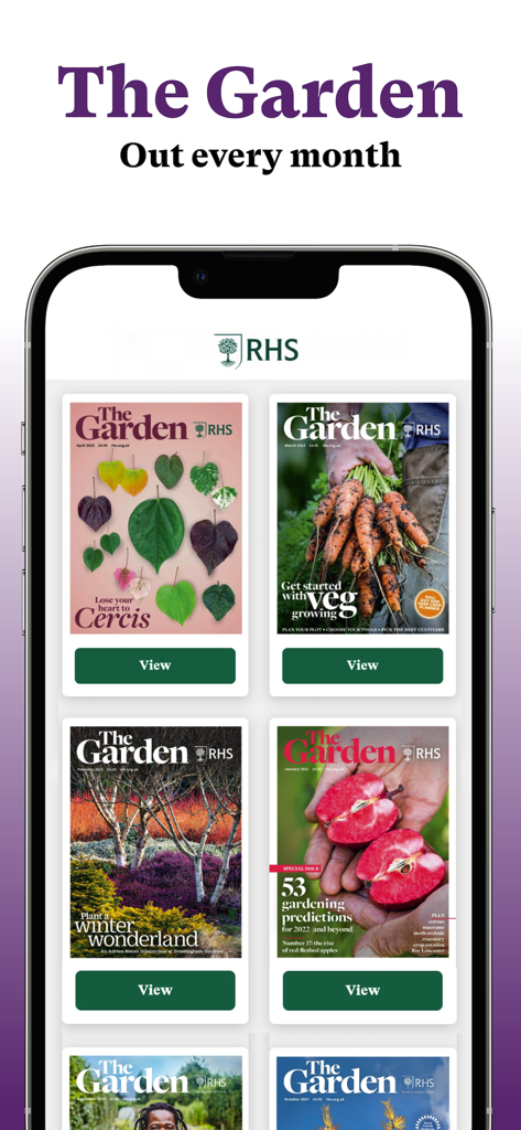 RHS The Garden - A smartphone displaying a collection of monthly digital magazine issues from the RHS The Garden app.