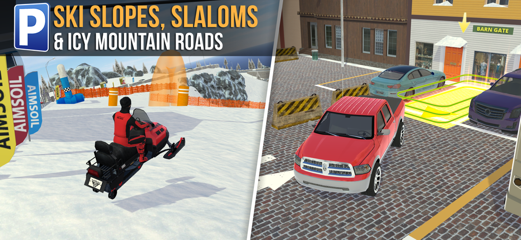 Ski Resort Parking Sim - Snowmobile driving on a ski slope and a red pickup truck parking in a winter resort