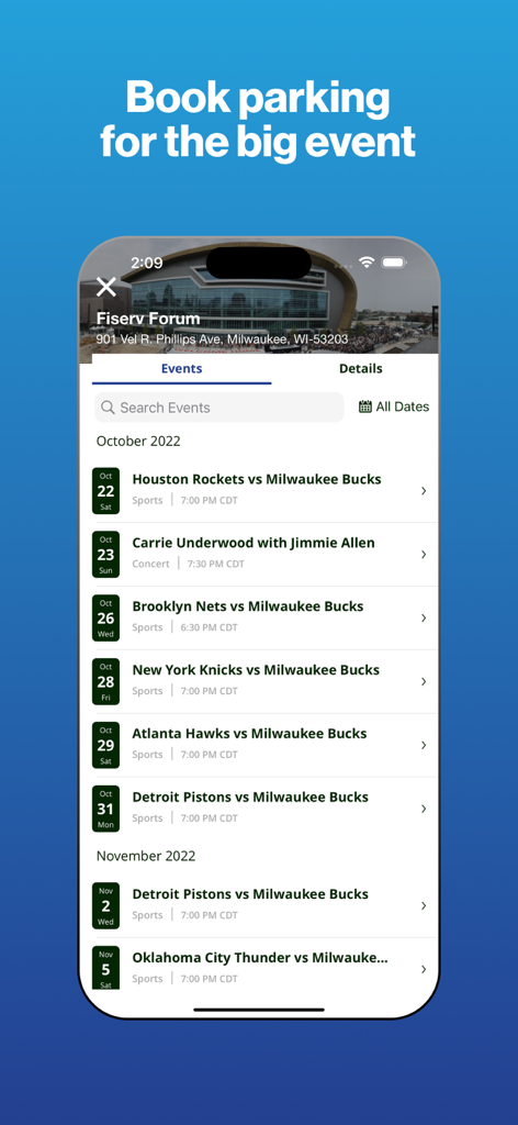 MKE Park app interface showing a list of upcoming sports and concert events at Fiserv Forum for parking reservations