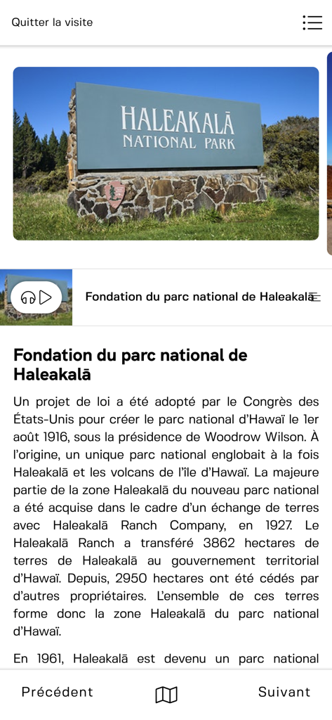 Haleakala National Park Tour - Mobile app screen displaying the history of Haleakala National Park in French