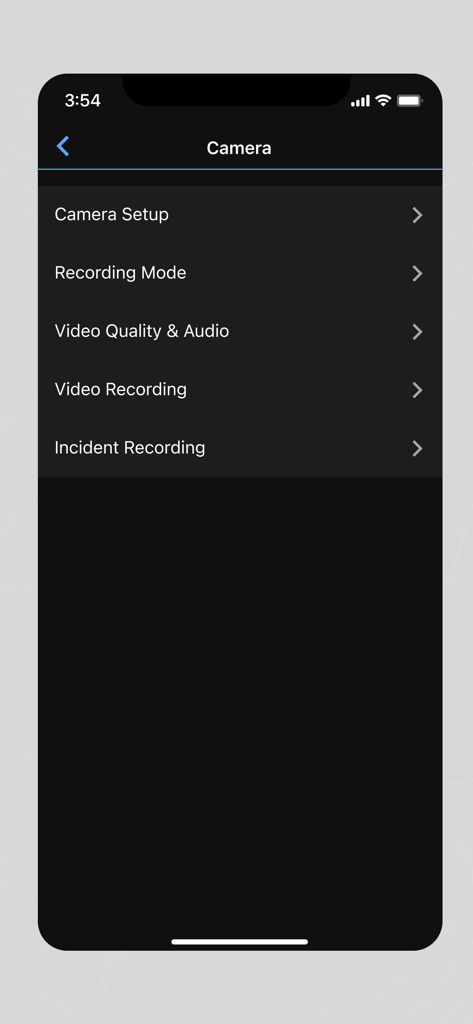 Varia™ - 기록 및 사고 설정 옵션이 있는 Garmin Varia 앱의 카메라 설정 메뉴