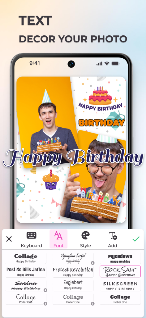 Grid Photo Maker - Pic Collage - Una pantalla de smartphone que muestra una variedad de estilos de fuente para personalizar el texto en un collage de fotos de cumpleaños.