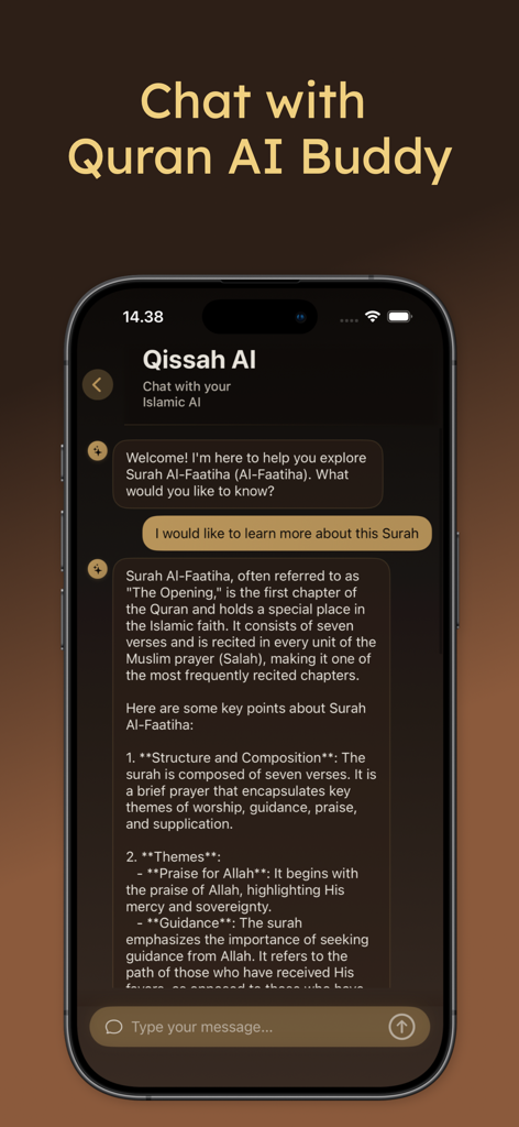 Qissah Stories Your AI Buddy - A smartphone showing a conversation with the Qissah AI buddy explaining Surah Al-Faatiha