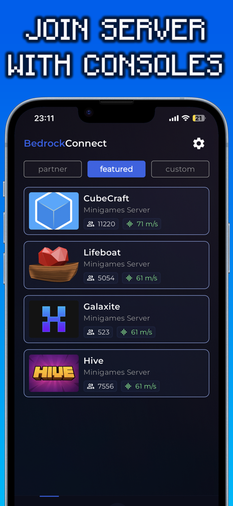 BedrockConnect app interface showing a list of featured Minecraft servers including CubeCraft and Hive